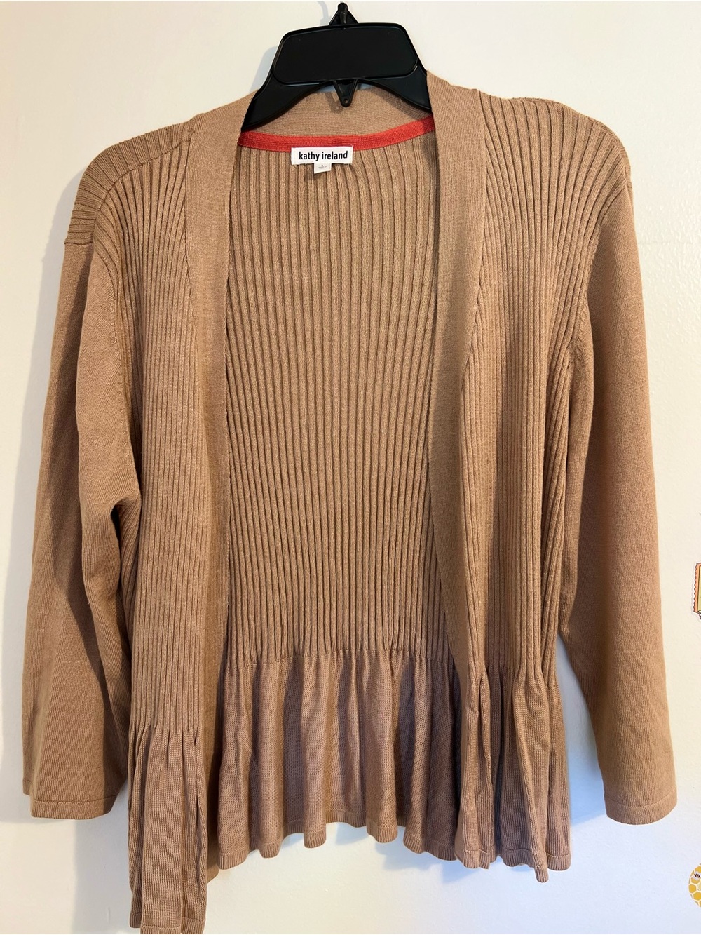 kathy ireland Camel Ribbed Open-Front Peplum Cardigan